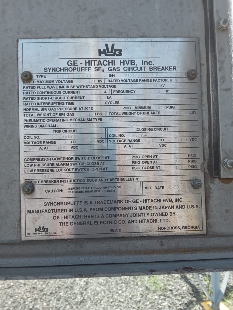 2000 Amps, General Electric Hitachi, HBV 121 40000 HBV-121-40000, 121 KV, SF6 breakers, 1993 (x3) - Image 2