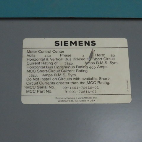 Siemens, Marq, Motor Control Center, 480 Volts, 3-Phase, 3W, 60HZ, (7 Buckets) - Image 2
