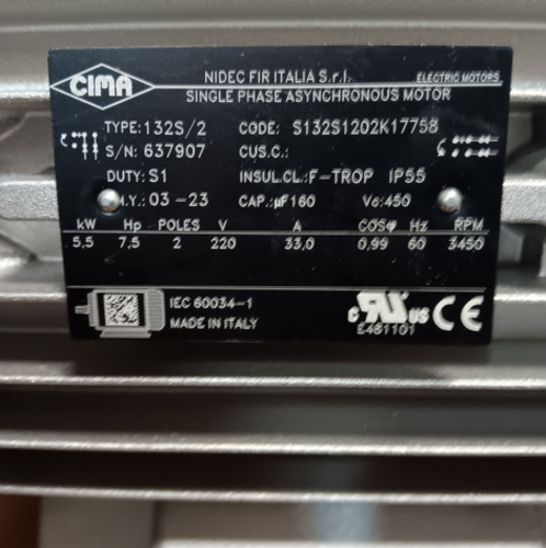 7.5 HP 3600 RPM Nidec, motor, 1-phase - Image 2