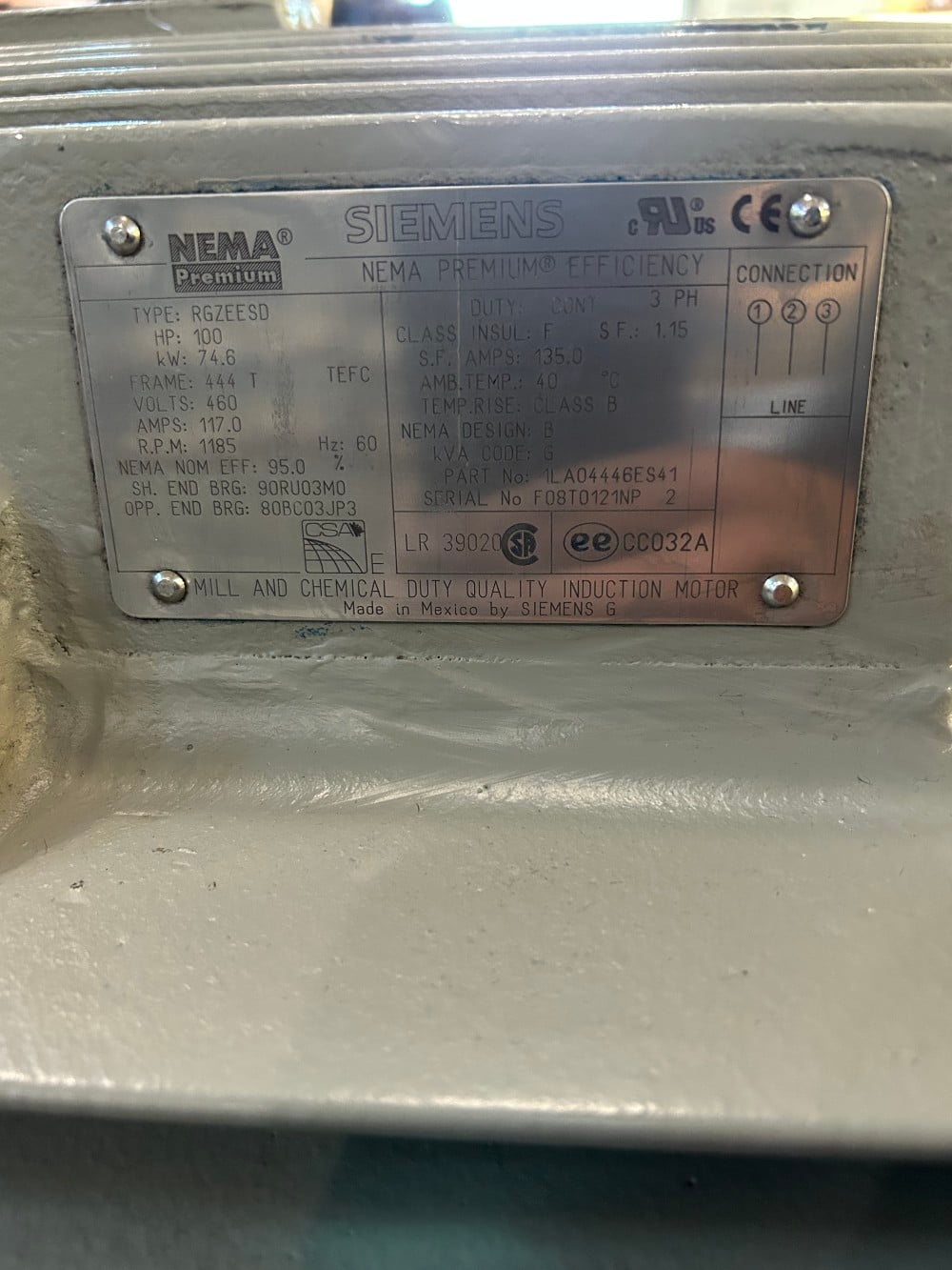 100 HP 1190 RPM Siemens, Frame 444T, TEFC, 117A, 3PH 460 Volts - Image 1