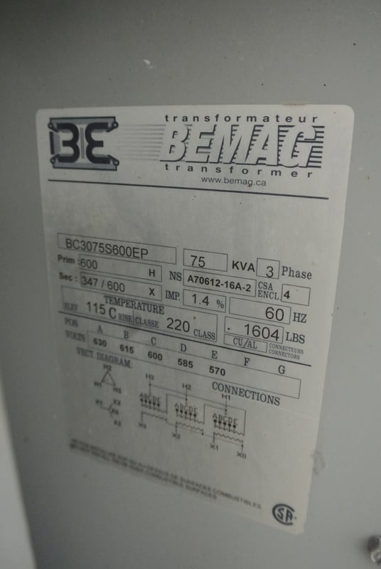 75 KVA 600 Primary, 600/347 Secondary, Bemag #BC3075S600EP, Transformer, Isolation, Dry Type, 3 Phase, 60 Hz - Image 2