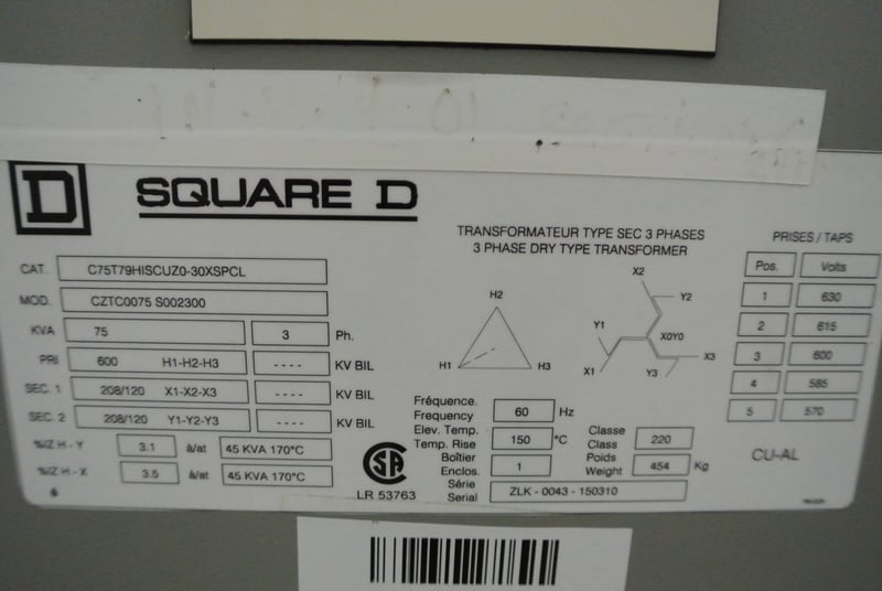 75 KVA 600 Primary, 208/120 Secondary, Square D #C75T79H, Transformer, Isolation, Dry Type, 3 Phase, 60 Hz - Image 2