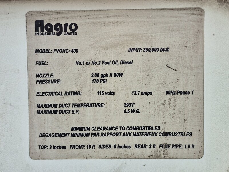 0.39 MMBTU/hr Flagro #FVOHC-400, Indirect Fired Heater w/GenSet, Oil/Diesel Fuel, 170 psi Gas, (2) 60W - Image 2