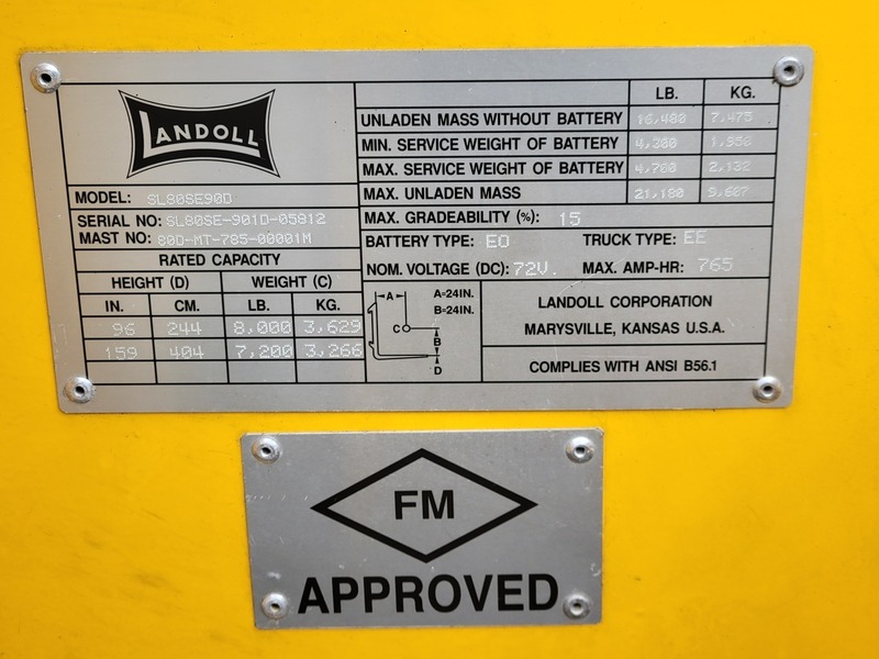8000 lb. Landoll #SL80SE90D, Electric Forklift, 42" Fork length, 96" Lift height, 24" Load Center, 72 V - Image 2