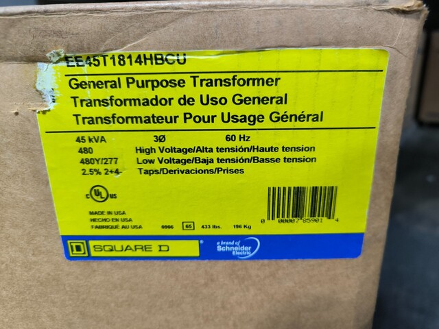 45 kVA 480 Primary, 480Y/277 Secondary Square D EE45T1814HBCU, Sorgel Transformer, 54.1 Amp, 2-3R - Image 3