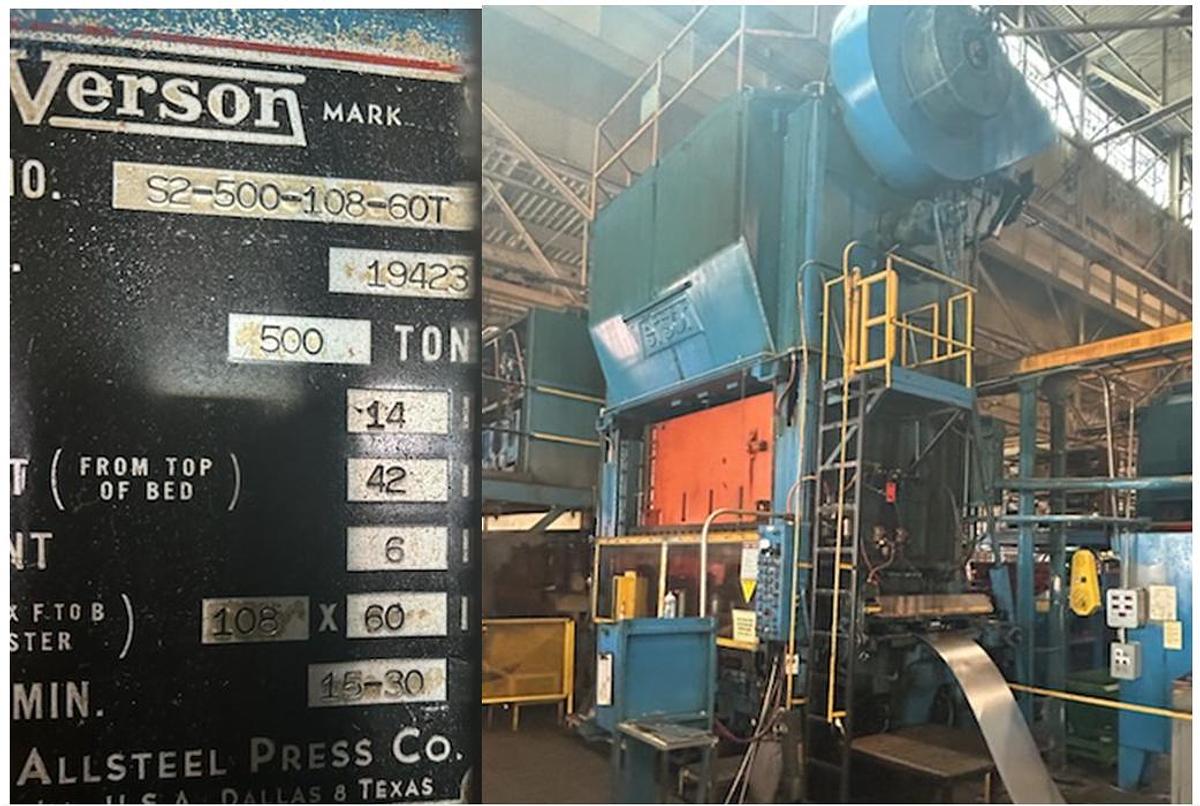 500 Ton, Verson #S2-500-108-60, straight side double crank press, 14" stroke, 42" Shut Height, air clutch & - Image 1