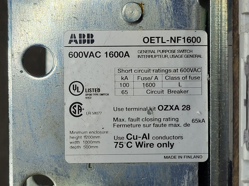 1600 Amp. ABB, OETL-NF1600, disconnect switch, 3-pole, 600 Volts, new surplus, 2014 - Image 2