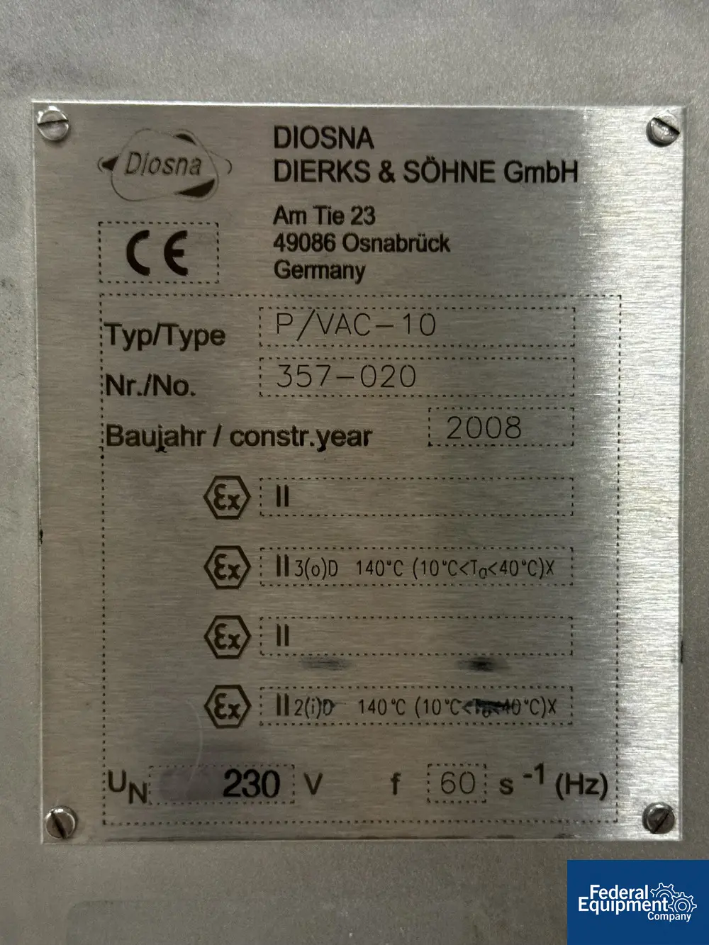 10 Liter Diosna #P/VAC-10, High Shear Mixer, Stainless Steel, side chopper, EX-ii rated, 230 V., 2008 - Image 2