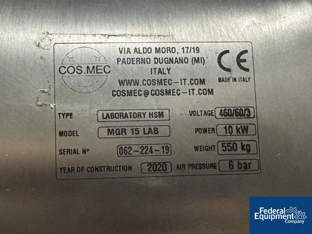 15 Liter Cosmec #MGR-15-Lab, High Shear Mixer, 460 V., 6 bar, Stainless Steel, 2020, AS IS - Image 2