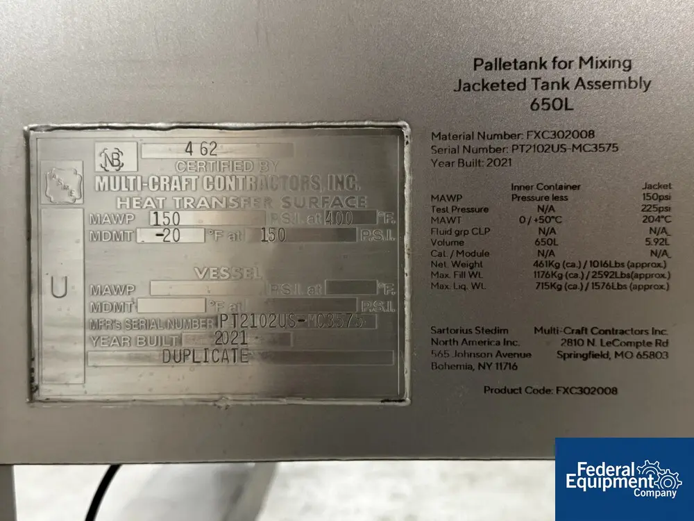 171.7 gallon Sartorius Palletank, 650 Liter, jacketed, 2021 (2 available) - Image 2
