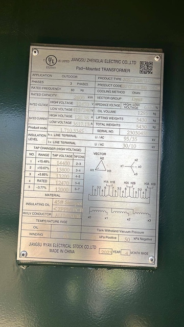 2600 KVA 12470 Primary, 415/240 Secondary, Jiangsu Zhenglai, Pad-Mount Transformer, 3ph, new lower price - Image 3