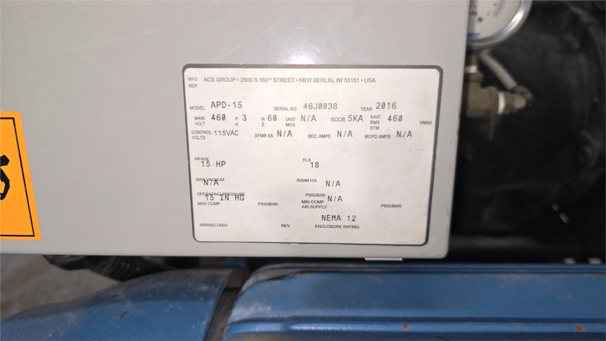 300 CFM @ 15" Hg., ACS Group #APD-15, Vacuum Pump, 15 HP, 1765 RPM, 254/6T Frame, 460 V., 3-Ph., 60 Hz, 2016 - Image 2