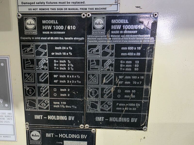6.37" x 6.37" x .625" Mubea #HIW-1000/610, ironworker, 110 ton, 24" throat, 11 HP, 2001 - Image 7