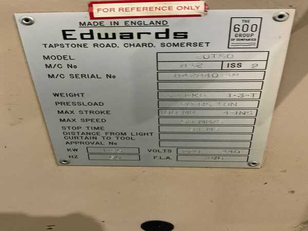 20 Ton, Edwards, Clausing #20T50, hydrualic brake, 4' overall, 4" stroke, 12" Shut Height, manual back gauge - Image 7