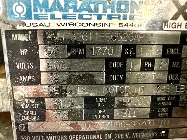 50 HP 1775 RPM Marathon, Frame 326T, TEFC, 460 Volts - Image 7
