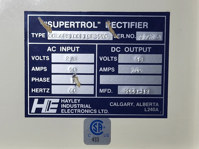 100 Amp. 48 VDC, 230 VAC, Hayley CCE48D100R19H35TC CCE Supertrol rectifier, new surplus - Image 2