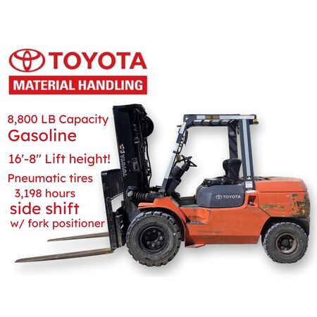 8800 lb. Toyota #7FGU45, forklift, 200" lift height, 3198 hours, pneumatic tire, side shift w/ fork positioner - Image 1