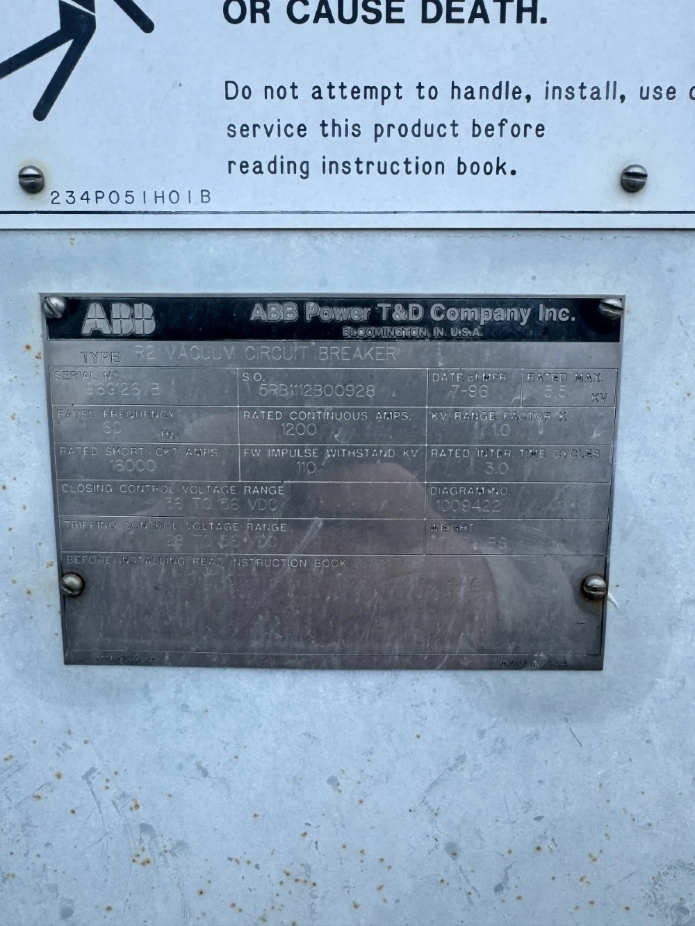 1200 Amp, ABB, R2, 15.5 KV, Vacuum Substation Breaker (6 available) - Image 4