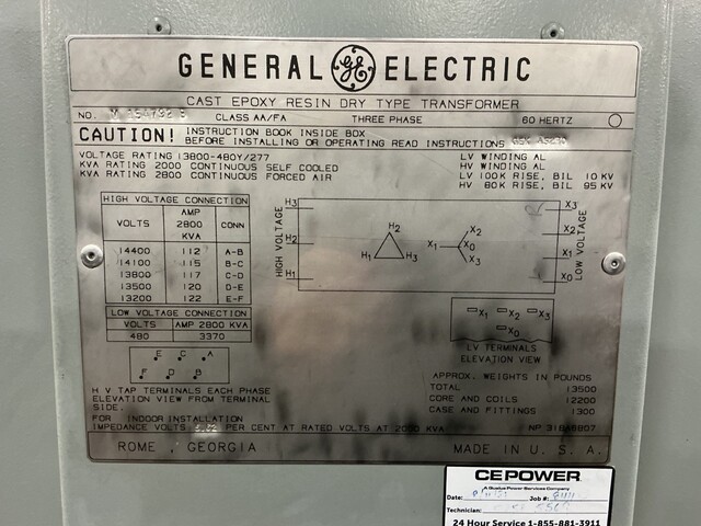 2000/2800 KVA 13800 Primary, 480Y/277 Secondary, General Electric, cast epoxy resin dry type transformer - Image 8