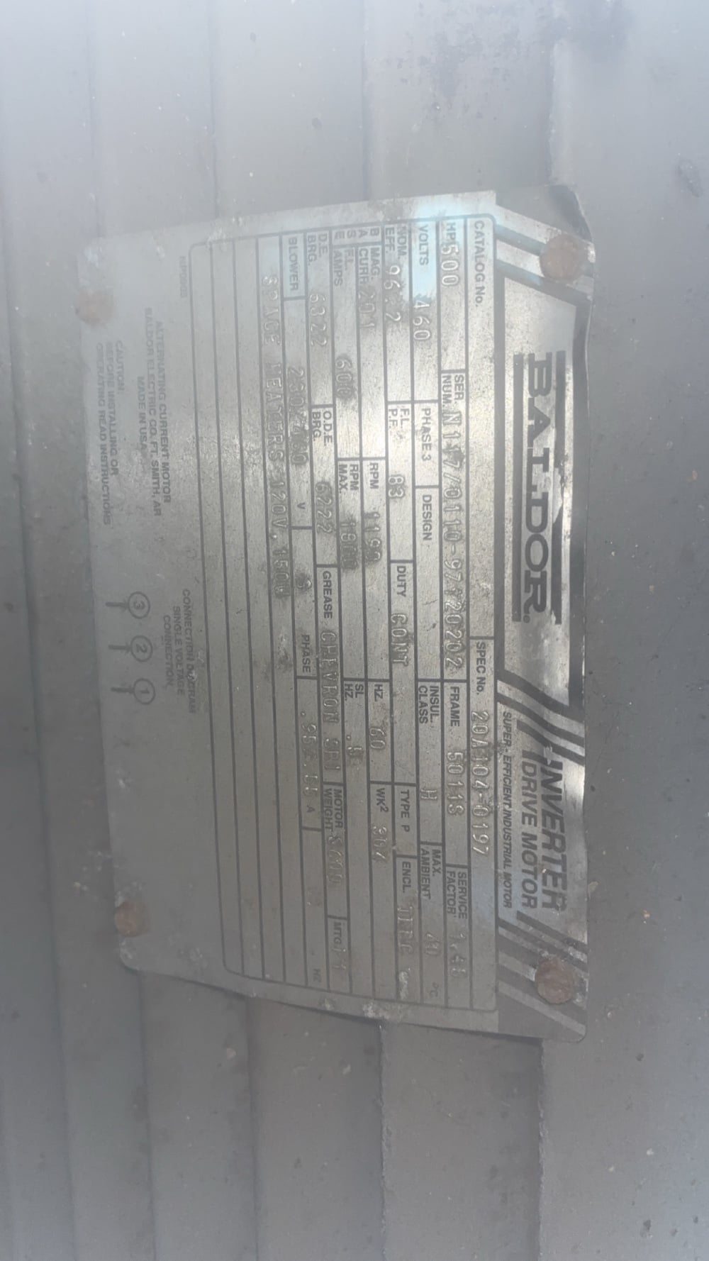 500 HP 1190-1800 RPM Baldor, Frame 5011-S, TEBC, 1.15 service factor, 460 Volts - Image 2