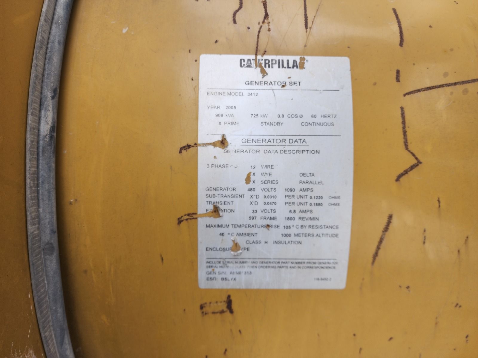 725 KW Caterpillar #3412C, generator, 480 Volts, 30000 hours, 2005, needs rebuild - Image 6