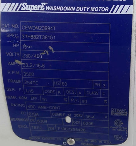 15 HP 3600 RPM Baldor Reliance Super E CEWDM2399AT, Frame 254TC, TEFC, 2P, 230/460 Volts - Image 2