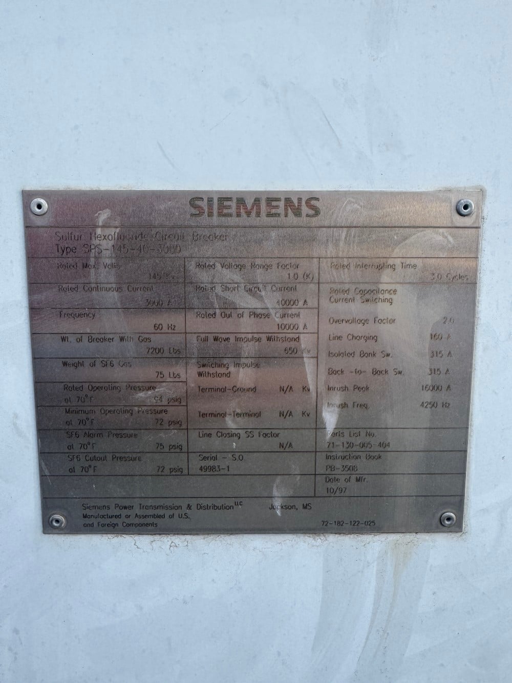 3000 Amps, Siemens, service factor 6 SF6, Gas Insulated Circuit Breaker SPS-145-40-3000, 145 KV - Image 4