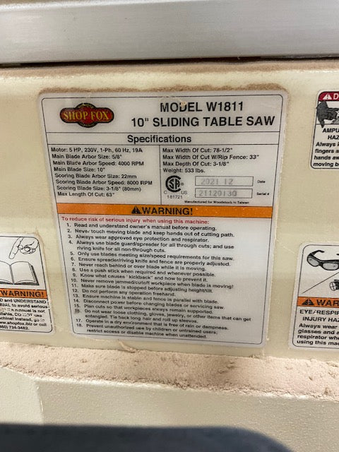 Shopfox #W1811, 10" sliding table saw, 2021 - Image 2