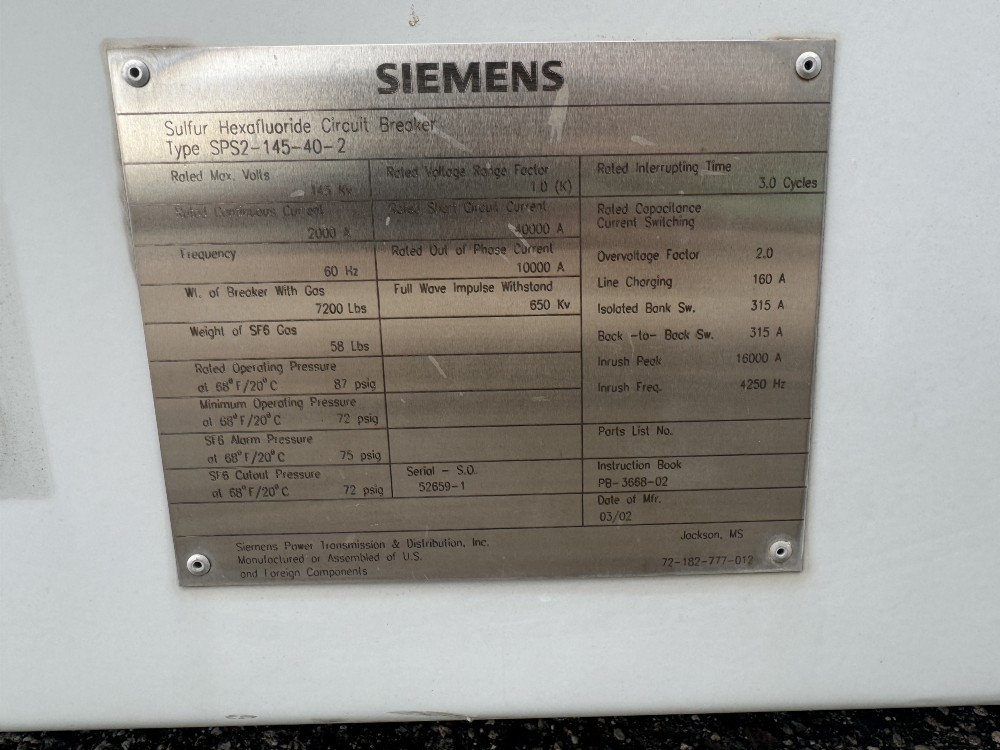 2000 Amps, Siemens, service factor 6 / SPS 2 145402 SF6 / SPS2-145-40-2, gas insulated cuitcuit breaker, 145 - Image 5