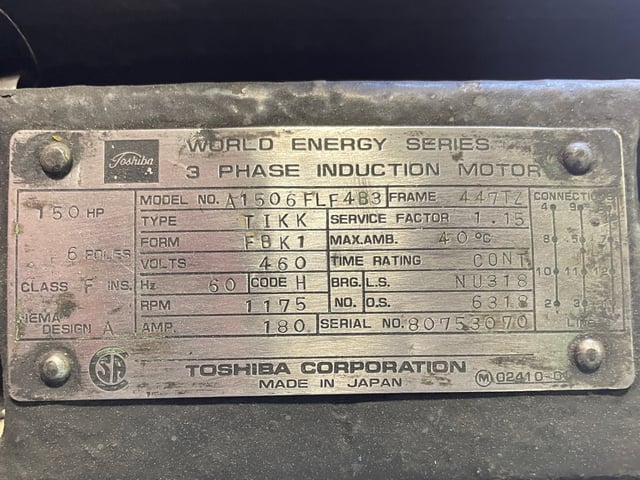 150 HP 1200 RPM Toshiba, Frame 447TZ, TEFC BB, 460 Volts - Image 3