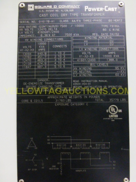 7.5/10 MVA 12470 Delta Primary, 4160Y/2400 Secondary, Square D, dry, cast coil, like new (2 available) - Image 1