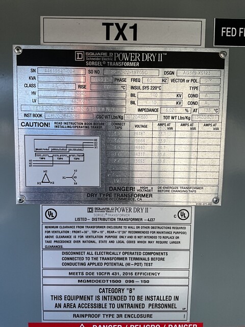 1500 KVA 24940 Delta Primary, 480Y/277 Secondary, 3 phase, Dry Type Transformer - Image 4