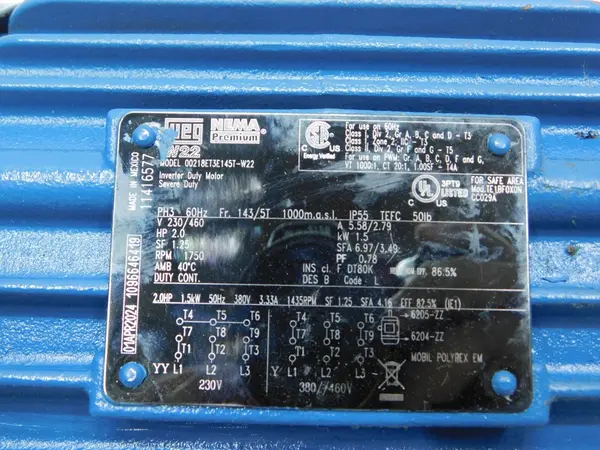 2 HP 1750 RPM WEG W22, Frame 143/5T, TEFC, 1.25 service factor, 3 phase, 230/460 Volts, new - Image 7