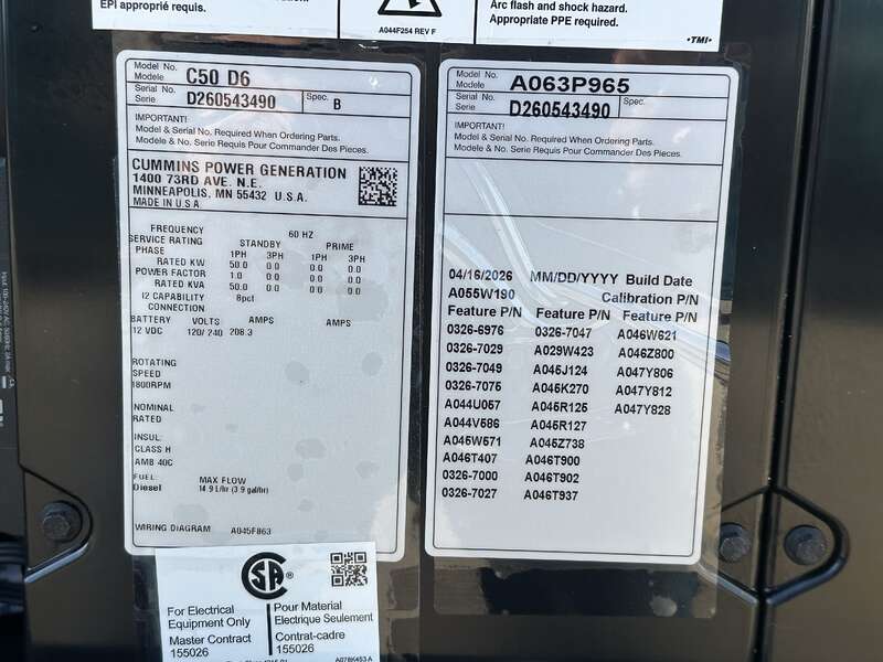 50 KW Cummins #C50D6, diesel generator set, 120/240 Volts, 1-phase, 80 HP @ 1800 RPM, QSB3.3 engine, EPA Tier - Image 10