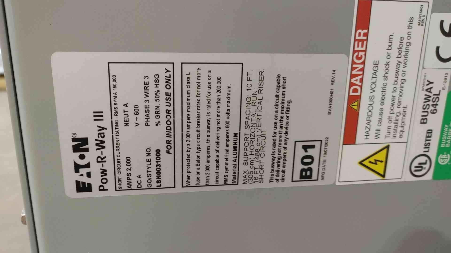2000 Amps, Eaton LSN0031000, busway, Pow-R-Way-III, 600V., 3PH, 3W - Image 3