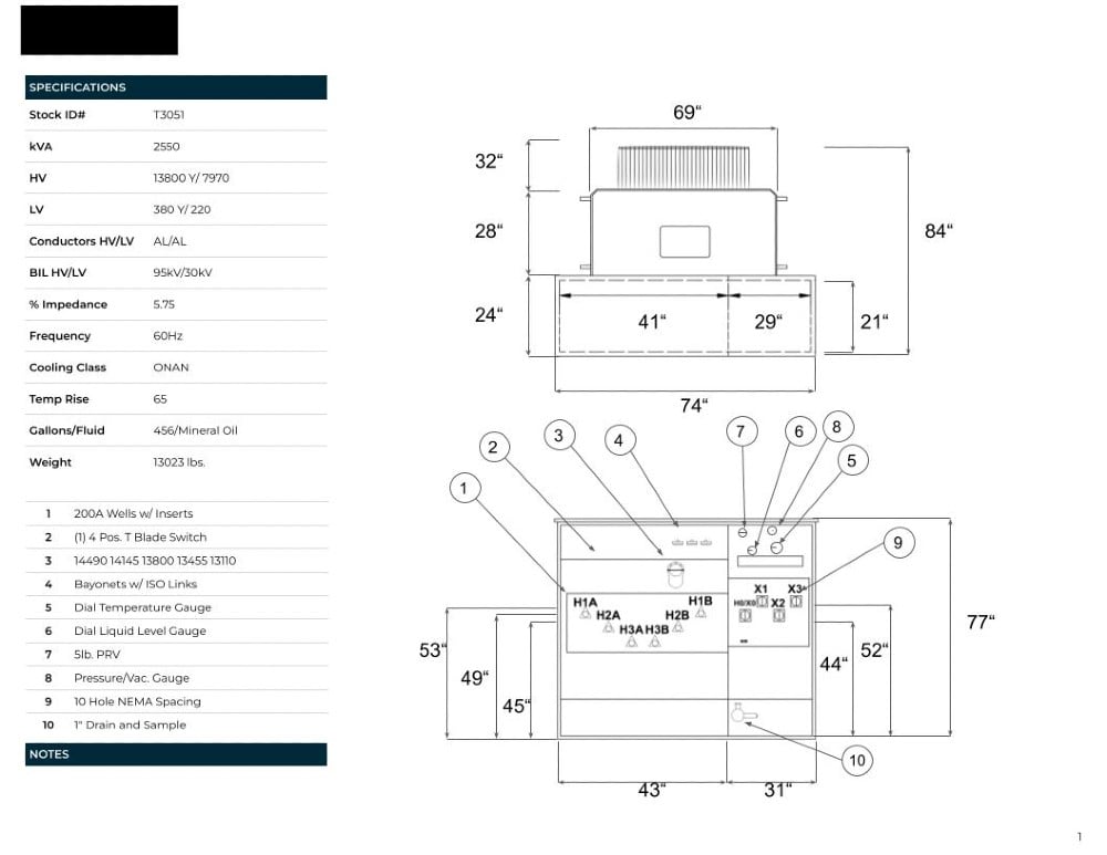 2550 KVA 13800Y/7970 Primary, 380Y/2220 Secondary, PAD, Recon - Image 1