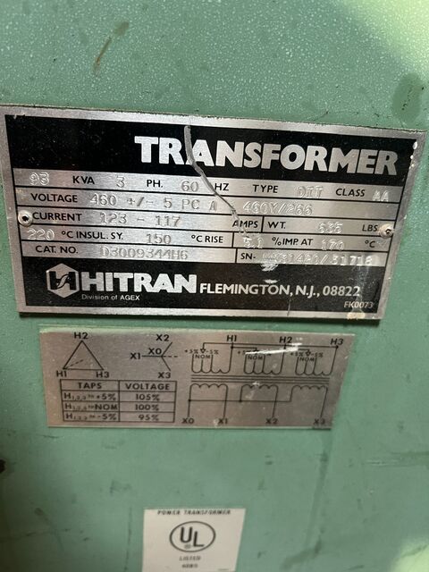 93 KVA 460 Delta Primary, 460Y/266 Secondary, Hitran #D3009344H6, Transformer - Image 1