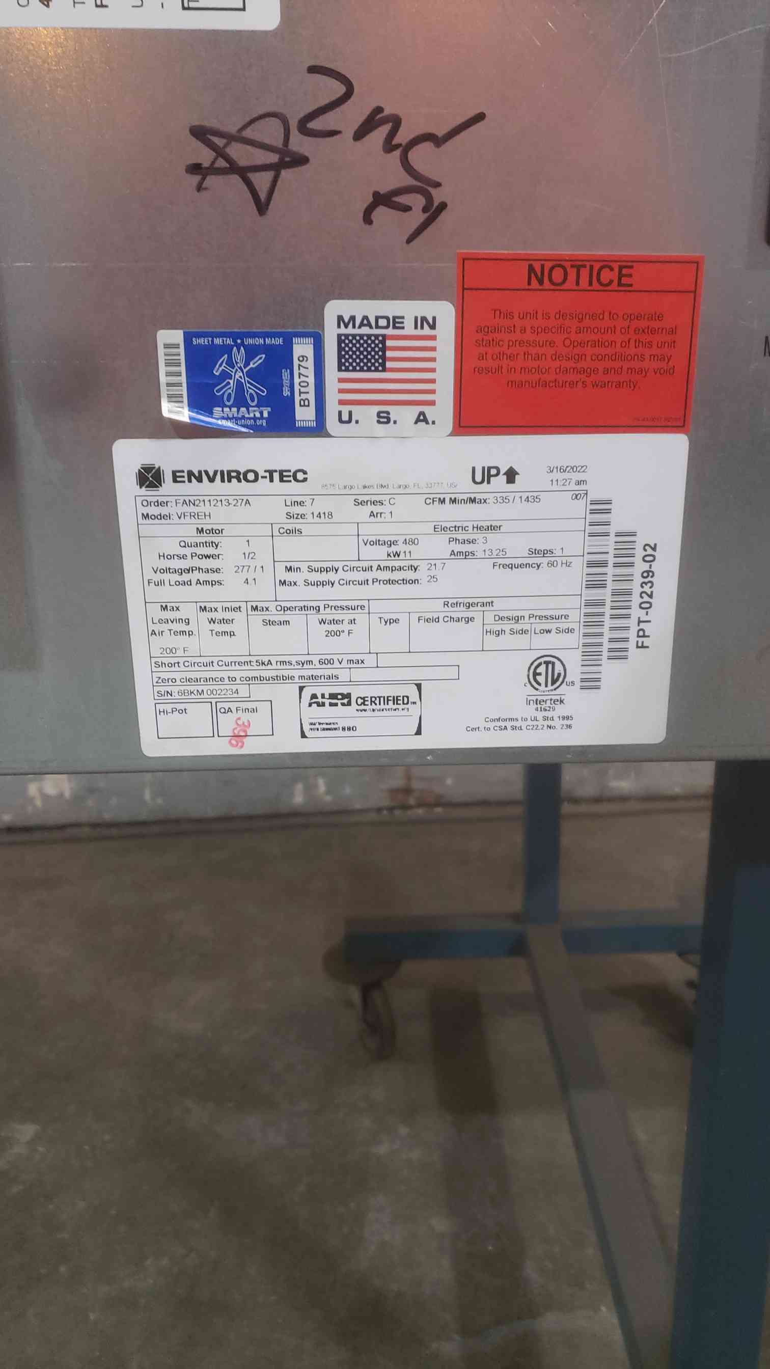 Enviro-Tec #VFC-8, Vertical Fan Coil Unit, 1/2 HP, 1435 cfm, 480 V., 3ph, 2022 (2 available) - Image 2