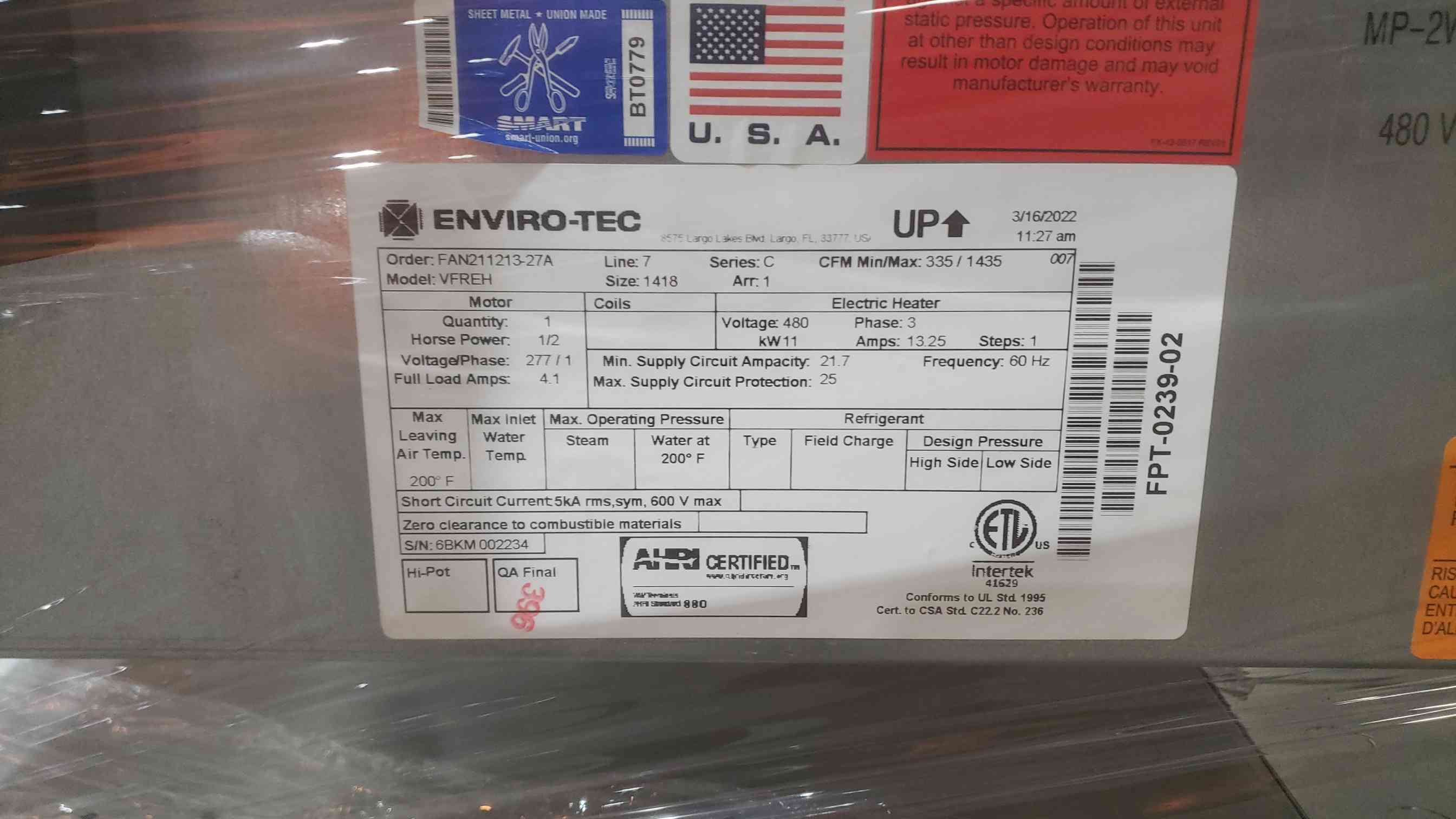 Enviro-Tec #VFC-8, Vertical Fan Coil Unit, 1/2 HP, 1435 cfm, 480 V., 3ph, 2022 (2 available) - Image 2