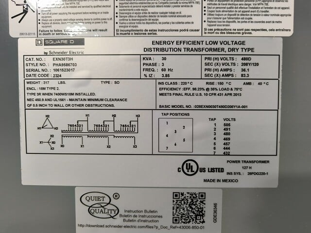 30 KVA 480 Delta Primary, 208Y/120 Secondary, Square D EXN30T3H, Transformer, 36.1-83.3 A, 3R, unused - Image 4