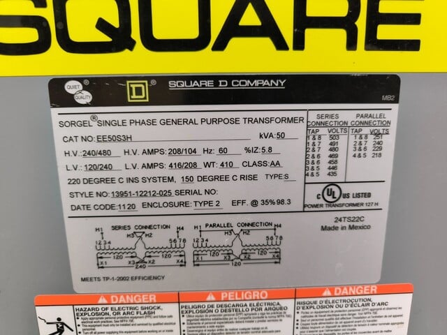 50 kVA, 240/480 Primary, 120/24 Secondary Square D EE50S3H, Transformer, 1 PH - Image 3