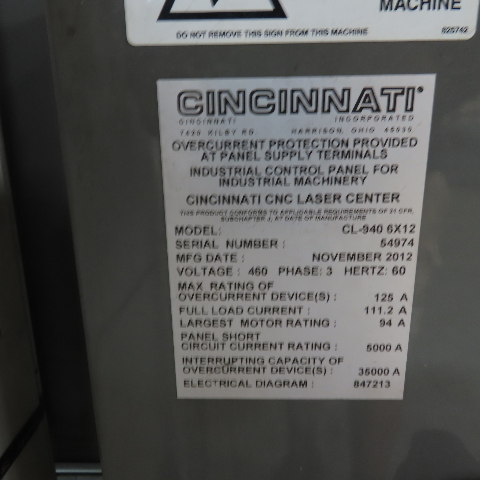 Cincinnati #CL-940, CNC fiber laser cutter, 4000 watt, 6' x 12' table, dual table, 2012 - Image 2