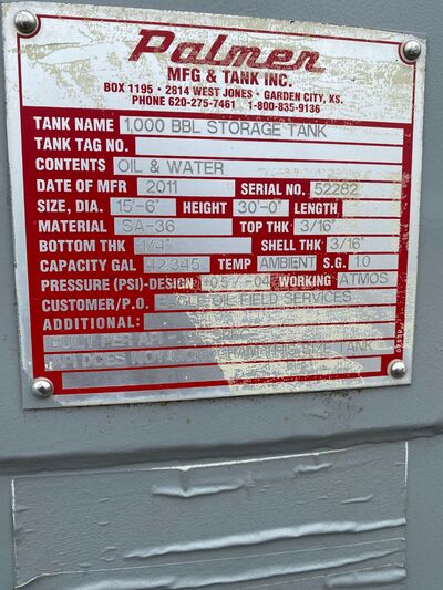 1000 bbl Coated Storage Tank, Palmer, 2011, (2 available) - Image 7