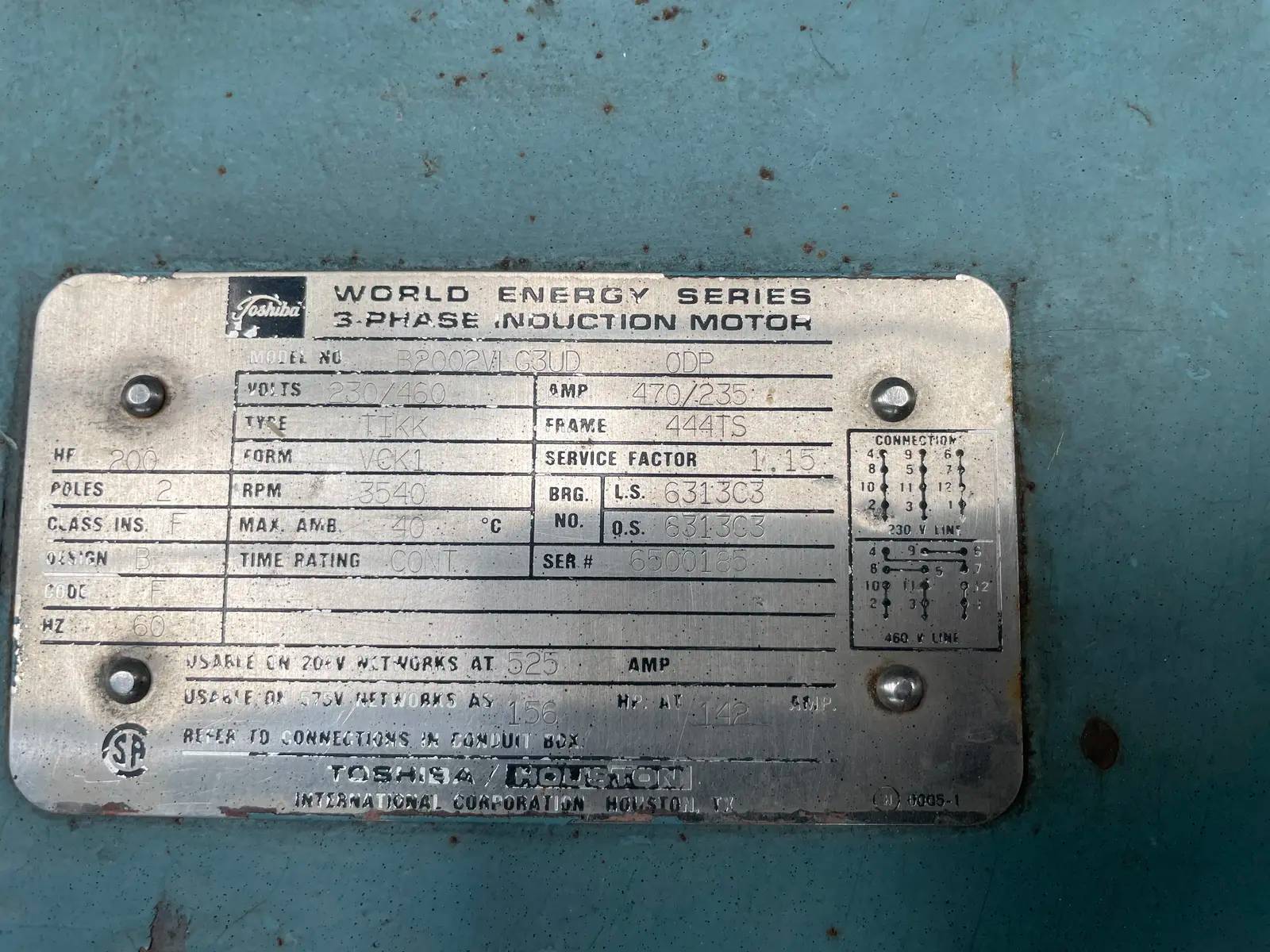 200 HP 3540 RPM Toshiba, 3-Phase Induction Motor, Frame 444TS, 230/460 Volts - Image 9