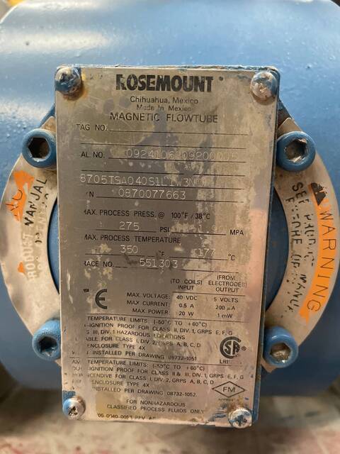 Rosemount, 4" Magnetic Flow-Tube, 275 psi @ 100°F max. process press, 350°F max. process temperature - Image 8