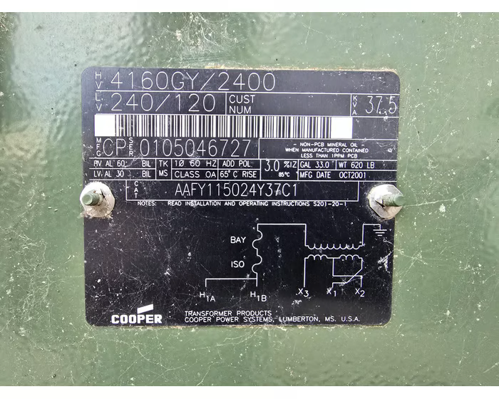 37.5 KVA 4160GY/2400 Primary, 240/120 Secondary, Cooper Single Phase Pad Mount Transformer - Image 2