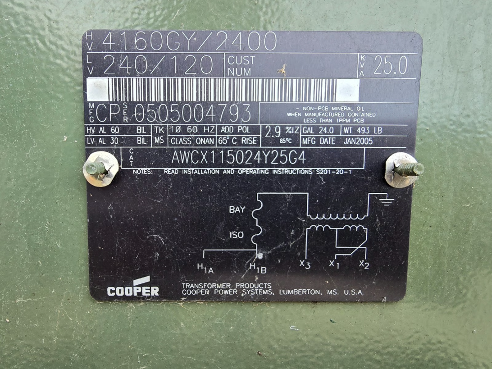 25 KVA 4160GY/2400 Primary, 240/120 Secondary, Cooper Single Phase Pad Mount Transformer, (2 available) - Image 1