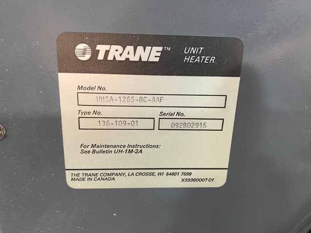 Trane #UHSA-126S-8C-AAF, Hydronic Heater, forced air, 1/6 HP, 1Ph, 1100 RPM, 115 V., 126000 BTU (2 available) - Image 2