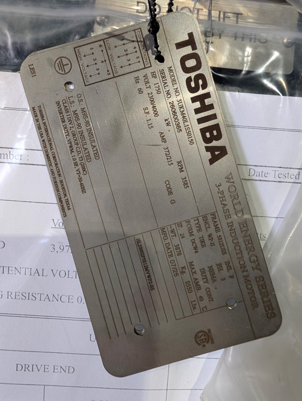 1750 HP 3600 RPM Toshiba, Frame 5810/11/12USS, weather protected enclosure type 2, Renk Sleeve, 1.15 service - Image 5