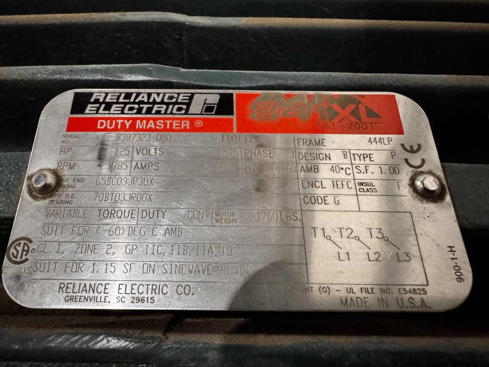125 HP 1800 RPM Reliance, Frame 444LP, TEFC, 575 Volts, New surplus - Image 2